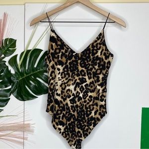 Gaze Cheetah Animal Leopard Print Bodysuit V neck Spaghetti Strap S NWOT